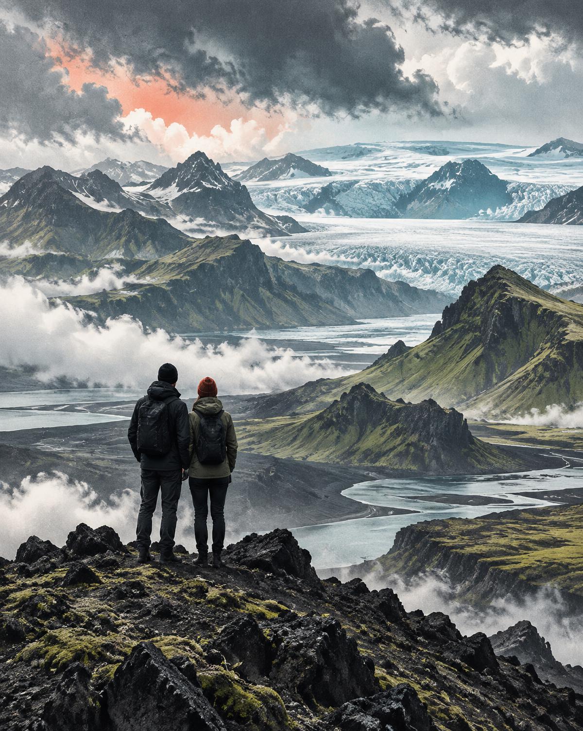 Two travelers overlooking Icelandic mountains and glaciers