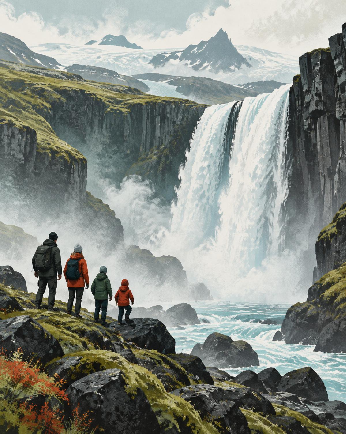A family exploring an Icelandic waterfall landscape