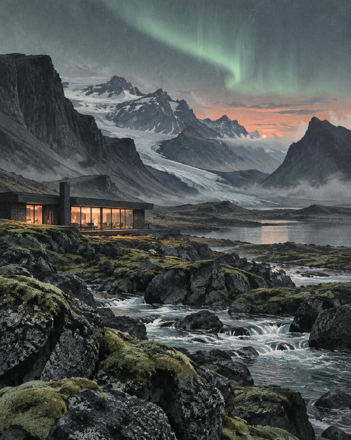 A secluded Icelandic lodge beneath northern lights