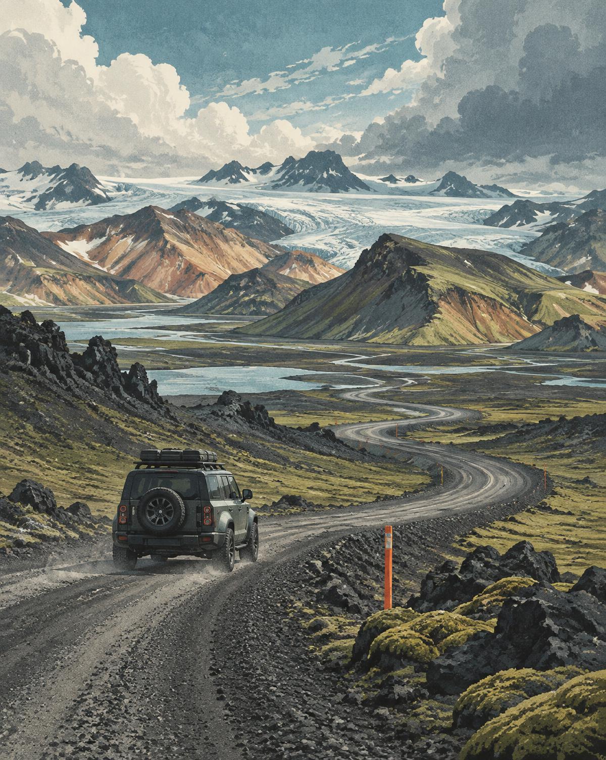 A four-wheel-drive vehicle crossing an Icelandic highland road
